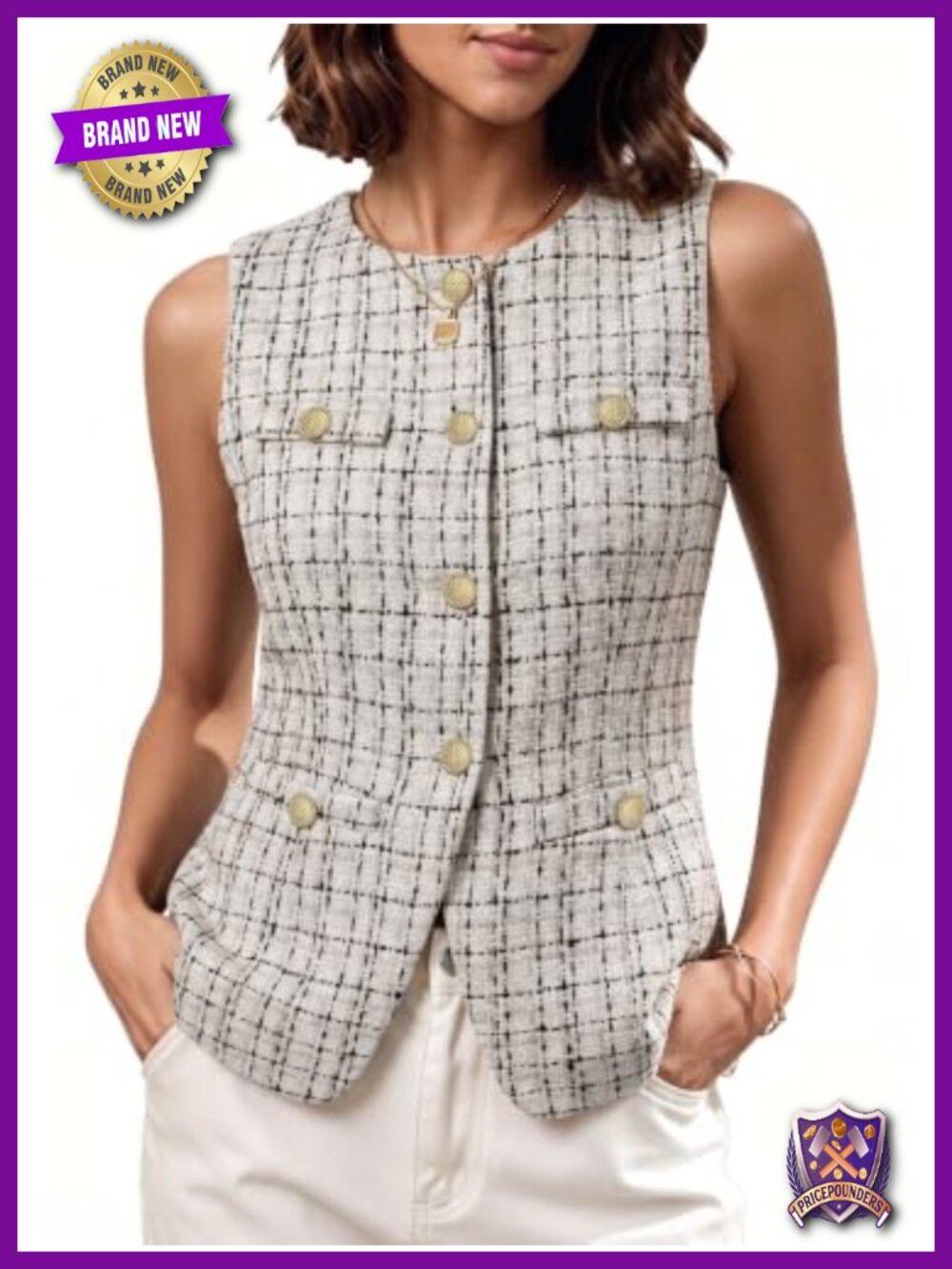 Tweed Crew Neck Sleeveless Vest with Pockets & Button Front
